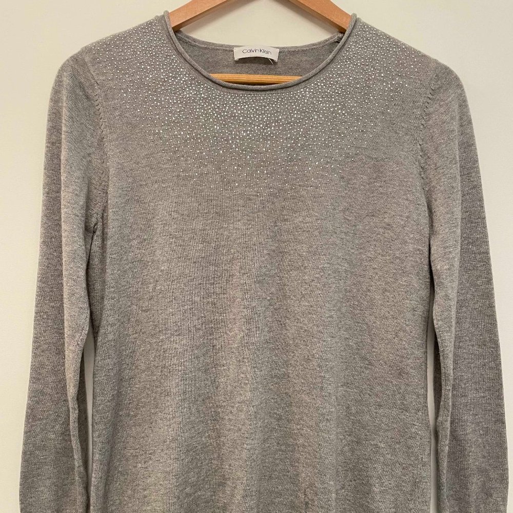 Grey lightweight sweater with shimmery neckline